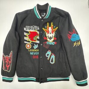 Rebel Minds  Varsity Jacket Size L Black Skull & Various Patches Streetwear Read